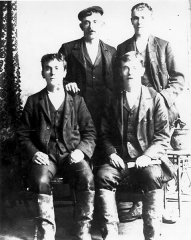 036: l-r back, John Carroll and John Reddy, front, Peter Bonia and Will Carroll. (circa 1897)
[courtesy of Betty (Carroll) Spurvey] Will Carroll is&amp;nbsp;supposedly 18 years old in the photo.
- John and Will sons of John Carroll &amp;amp; Elizabeth Dunphy; John son of Michael Reddy &amp;amp;&amp;nbsp;Elizabeth Fagan; Peter son of John Bonia &amp;amp; Honorah Viscount.